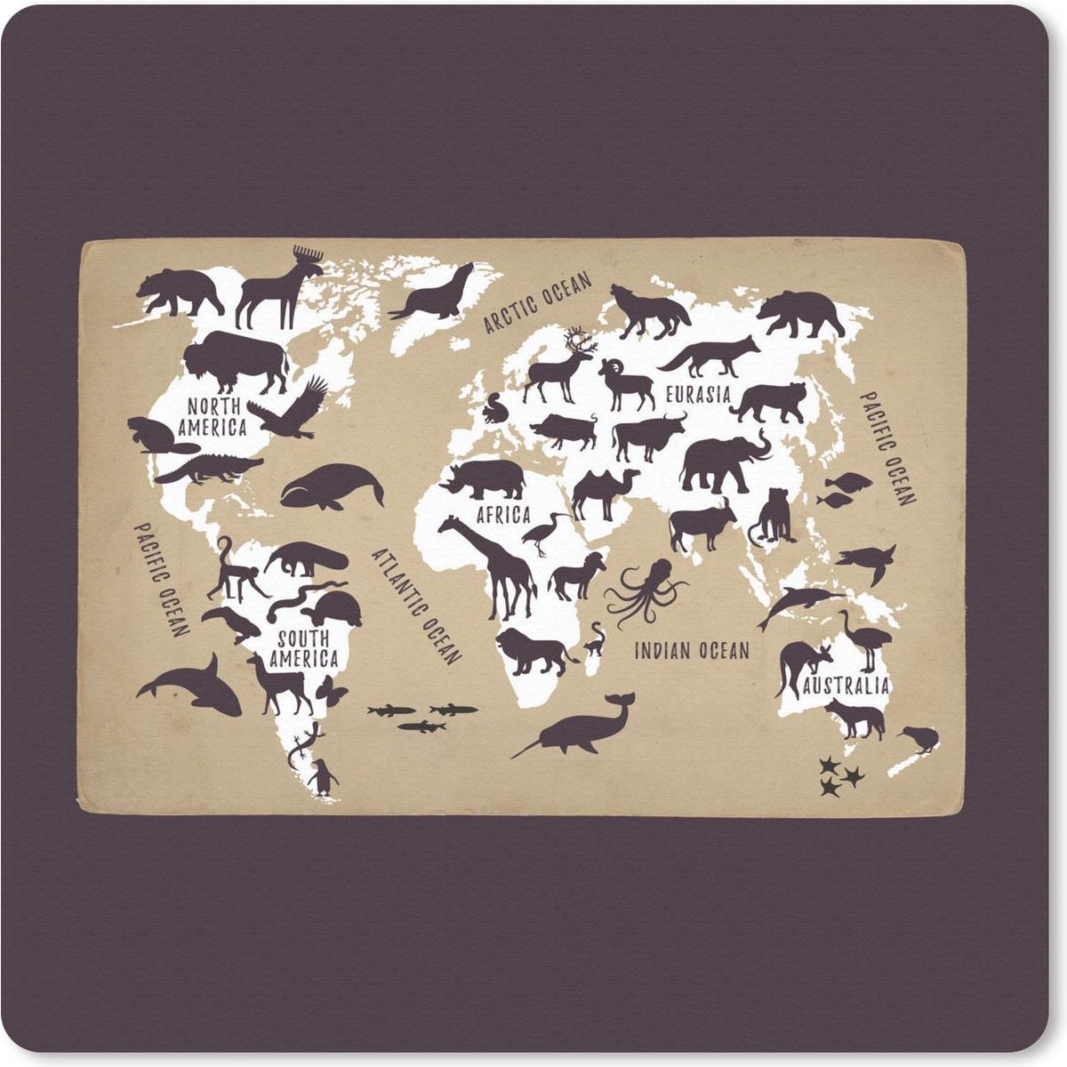 Muismat 20x20 cm - Mousepad Wereldkaart Kinderen - Wit - Bruin - Muismatten