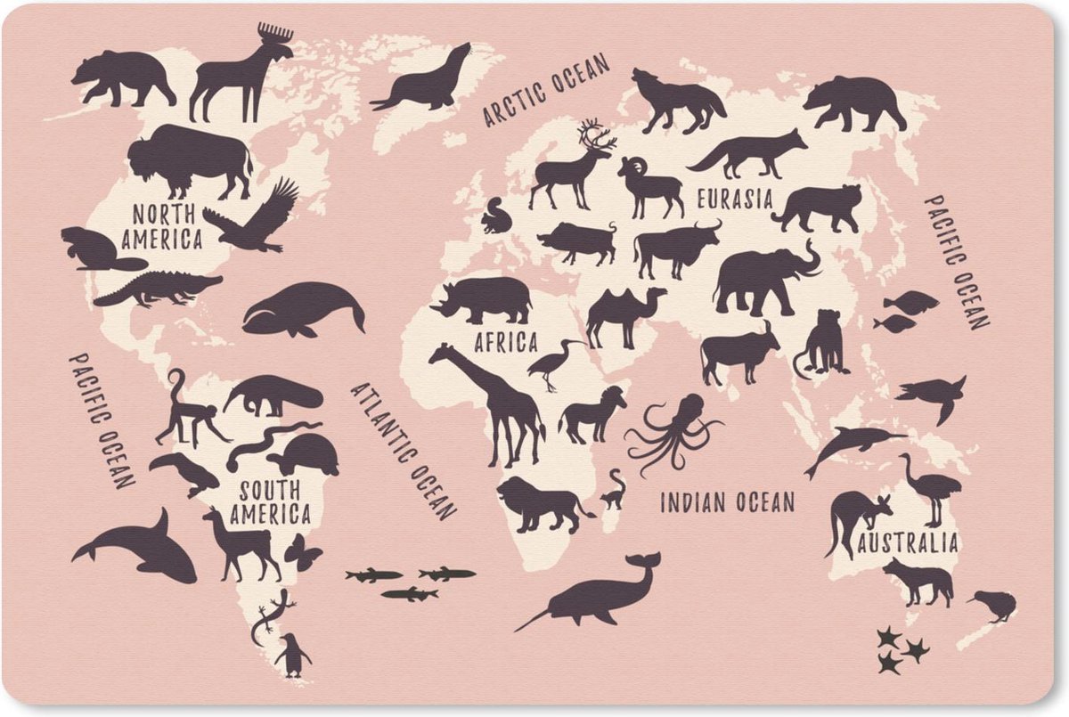 Muismat WereldkaartenKerst illustraties - Roze wereldkaart met illustraties van silhouetten van dieren en namen van continenten en oceanen muismat rubber - 60x40 cm - Muismat met foto