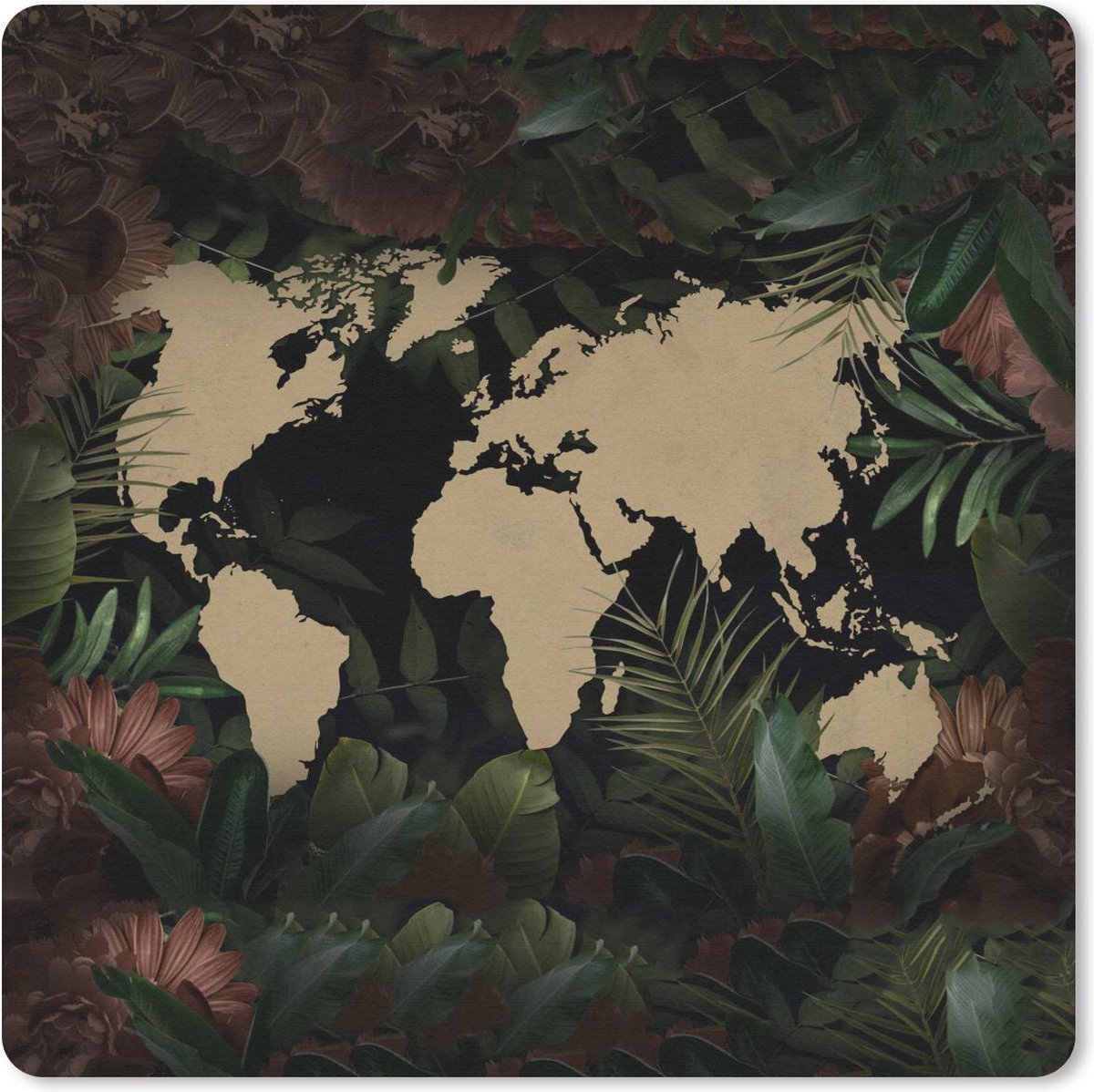 Muismat 30x30 cm - Mousepad Wereldkaart - Bloemen - Planten - Muismatten
