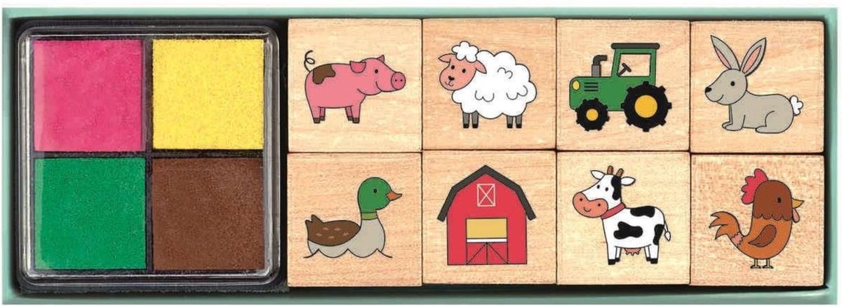 Moses stempelset Boerderijdieren - tonnetje met 8 verschillende stempels en stempelkussen