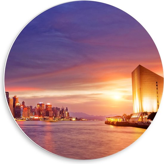 Forex Wandcirkel - Zonsondergang in Hong Kong - 50x50cm Foto op Wandcirkel (met ophangsysteem)