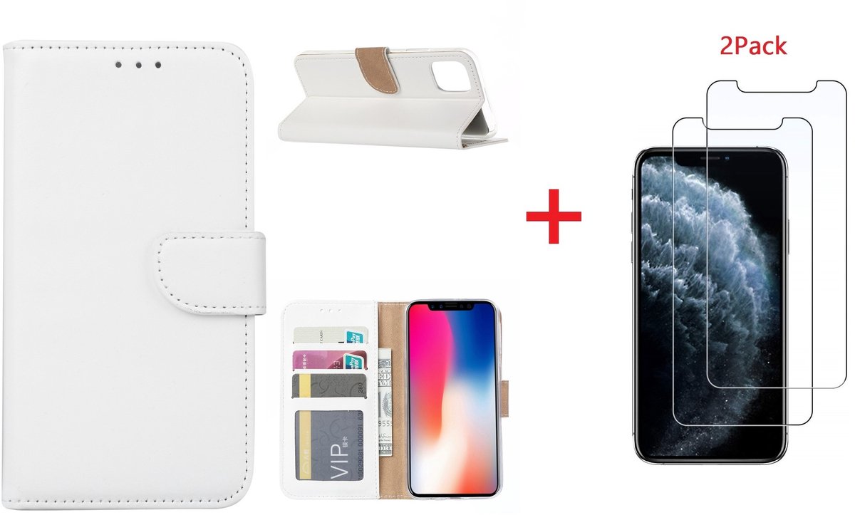 Hoesje Geschikt voor iPhone 11 Pro Max Portemonnee hoesje + 2X Screenprotector - Wit