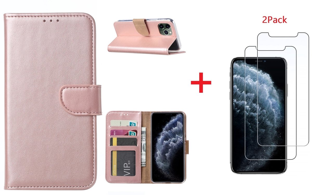 Hoesje Geschikt voor iPhone 11 Pro Portemonnee hoesje + 2X Screenprotector - Rosegoud