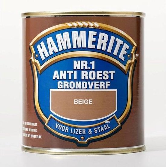 Blik Hammerite Nr.1 Anti Roest Grondverf Beige met een bruin label en een beige kader met tekst.