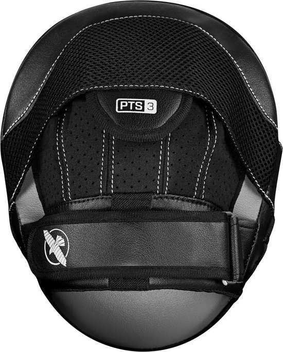 Zwarte focus mitt met wit logo en stiksels.