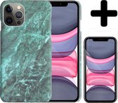 Hoesje Geschikt voor iPhone 11 Pro Hoesje Marmer Case Hard Cover Met Screenprotector - Hoes Geschikt voor iPhone 11 Pro Case Marmer Hoesje Backcover - Groen