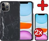 Hoesje Geschikt voor iPhone 11 Pro Hoesje Marmer Hardcover Fashion Case Hoes Met 2x Screenprotector - Hoes Geschikt voor iPhone 11 Pro Marmer Hoesje Hardcase Back Cover - Zwart