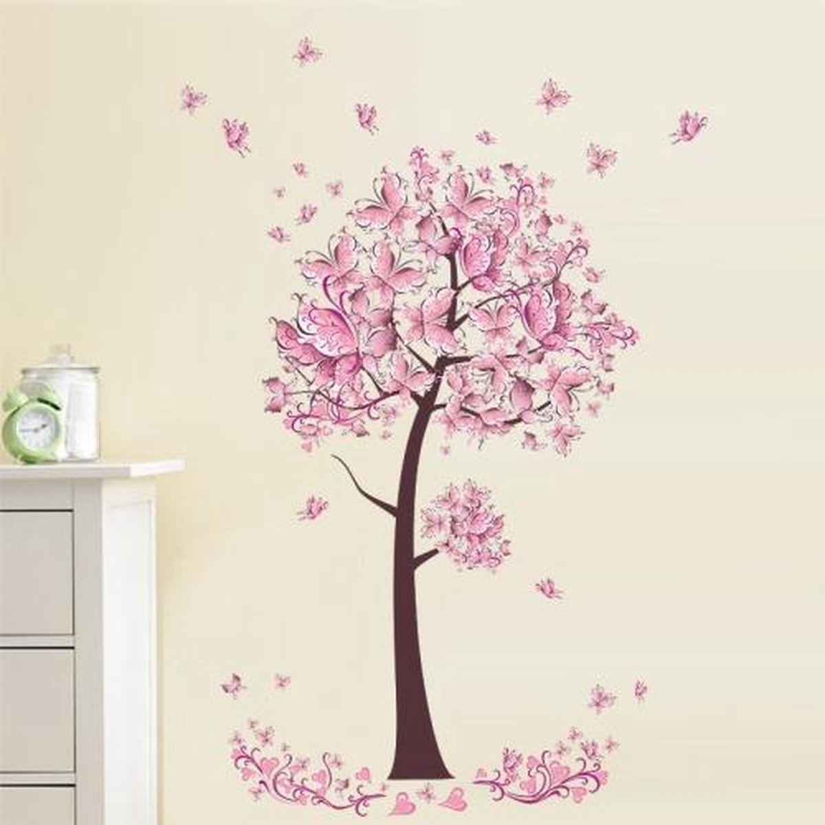 Muursticker tak roze bloemen zwarte Vogels