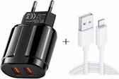 Dubbele USB draagbare reisoplader + 1 meter USB naar 8-pins datakabel, EU-stekker (zwart)