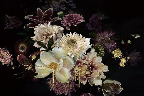 Glasschilderij Bloemen - Stilleven - Wit, Paars, Lila, Goud - 120x80cm -