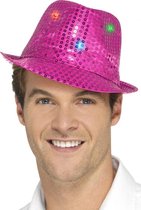 2x stuks pailletten feest hoedje fuchsia roze met LED lichtjes - Carnaval verkleed hoeden