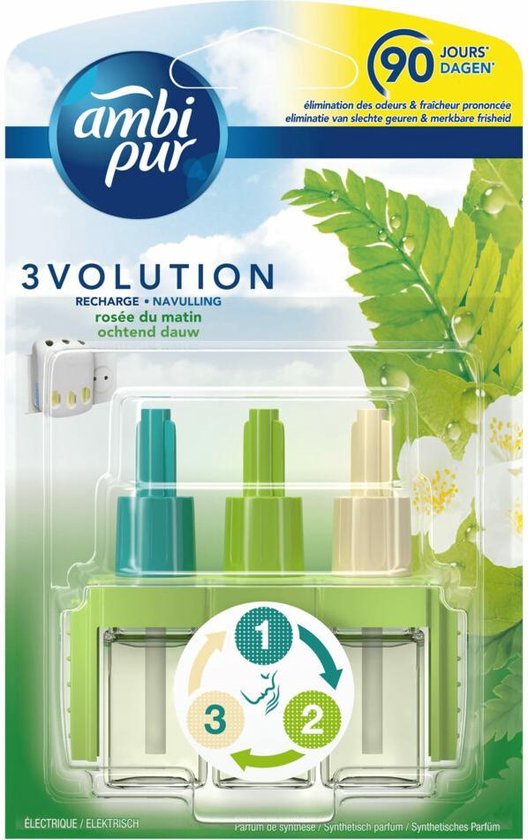 Ambi Pur 3Volution navulling 'Ochtend Douw' in verpakking met groene bladeren en witte bloemen. Drie geurflesjes met groene, blauwe en beige dopjes.