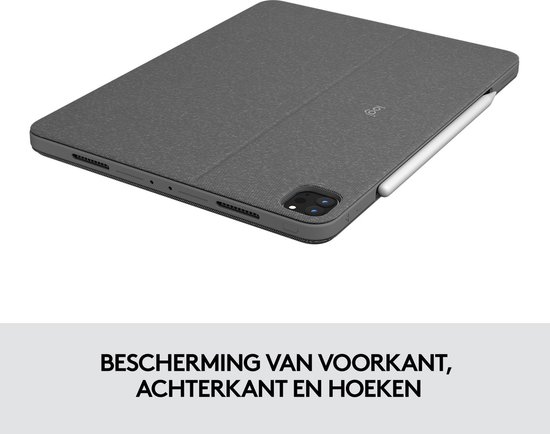 Grijze iPad Pro met toetsenbordhoes en een witte stylus aan de zijkant.