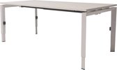 Linesto N3 bureau, hoogte instelbaar (65-85cm) met 140x80cm lindberg eiken zwevend 25mm blad en aluminium (RAL9006) vierpoot N-frame (poot driehoekig 50x50x75 mm.), (met geïntegree