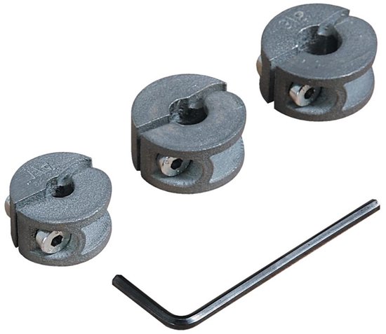 Drie metalen wolfcraft diepstops met inbussleutel.