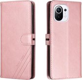 voor xiaomi mi 11 stiksels stijl 2-kleuren koe textuur horizontale flip pu lederen tas met houder en kaartsleuf en lanyard (rosé goud)