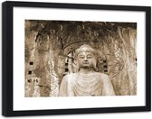 Foto in frame , Boeddha voor een rots , 120x80cm , Zwart wit , Premium print