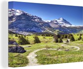 Canvas Schilderij Voetpad naar de Scheidegg bergpas met de Eiger in Zwitserland - 90x60 cm - Wanddecoratie