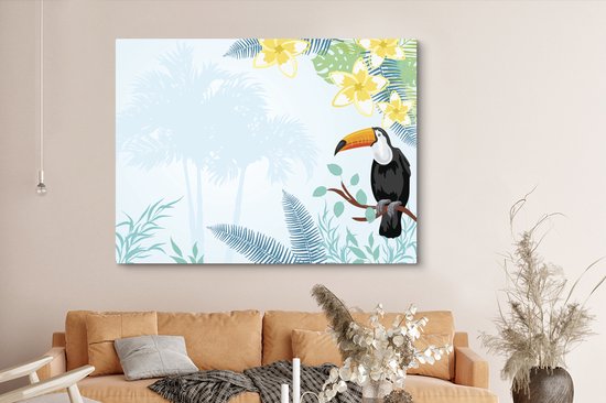 Une illustration de plantes tropicales avec une toile toucan 160x120 cm - Tirage photo sur toile (Décoration murale salon / chambre) XXL / Groot format!