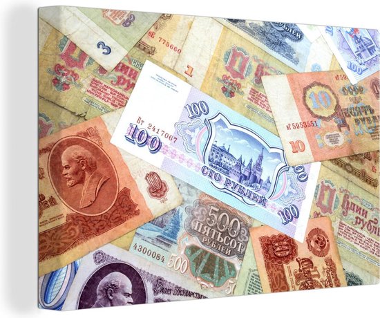 Canvas Schilderij De bankbiljetten van een Russische roebel op elkaar - Wanddecoratie
