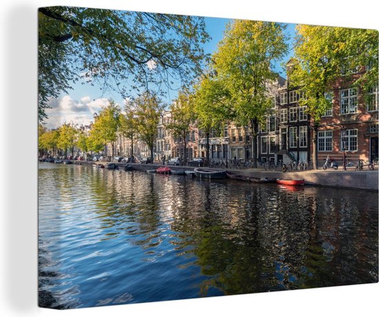 Canvas schilderij 140x90 cm - Wanddecoratie De Prinsengracht in het centrum van Amsterdam - Muurdecoratie woonkamer - Slaapkamer decoratie - Kamer accessoires - Schilderijen