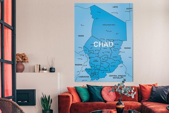 Une illustration d'une carte bleue du Tchad sur toile 120x160 cm - Tirage photo sur toile (Décoration murale salon / chambre) XXL / Groot format!