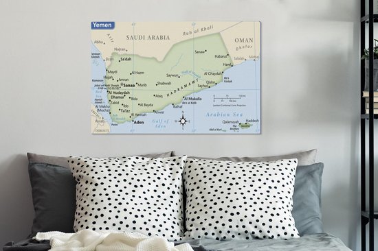 Illustration de la carte du Yémen 90x60 cm - Tirage photo sur toile (Décoration murale salon / chambre)