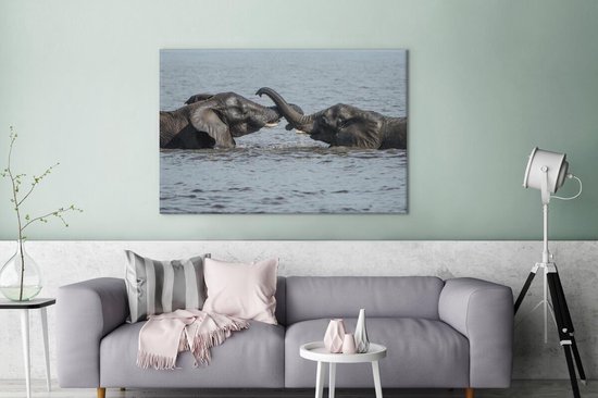 Deux éléphants lavés dans la rivière sur toile 2cm 180x120 cm - Tirage photo sur toile (Décoration murale salon / chambre) / Animaux sauvages Peintures sur toile XXL / Groot format!