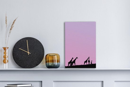 Toile - Silhouette de girafes avec un ciel rose - 20x30 cm - Décoration