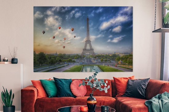 Canvas schilderij 150x100 cm - Wanddecoratie De Eiffeltoren met op de achtergrond luchtballonnen die in de lucht varen boven Parijs - Muurdecoratie woonkamer - Slaapkamer decoratie - Kamer accessoires - Schilderijen