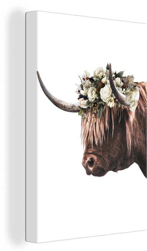 Highlander écossais avec fleurs 60x90 cm - Tirage photo sur toile peinture (Décoration murale salon / chambre) / animaux sauvages Peintures sur toile