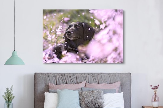 Chien noir se trouve dans un champ de fleurs 180x120 cm - Tirage photo sur toile (Décoration murale salon / chambre) XXL / Groot format!