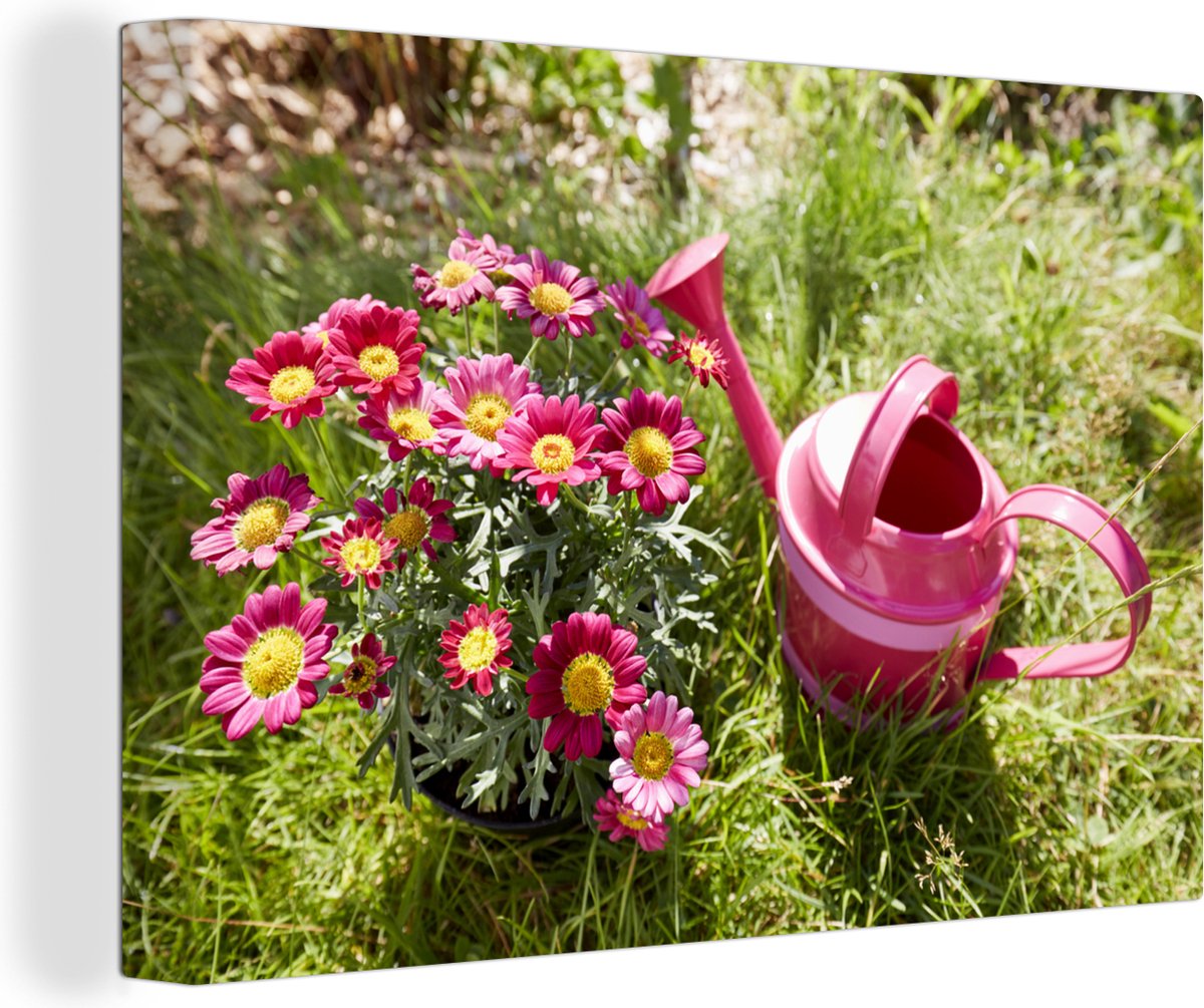 Canvas schilderij 180x120 cm - Wanddecoratie Bloemen - Gieter - Roze - Muurdecoratie woonk