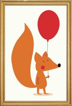 JUNIQE - Poster met houten lijst Fox with a Red Balloon -30x45 /Oranje