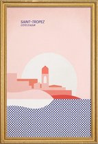 JUNIQE - Poster met houten lijst Saint-Tropez -13x18 /Blauw & Roze