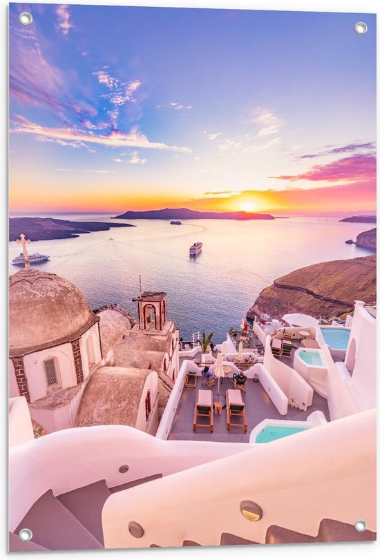 Tuinposter – Uitzicht op Zee in Santorini, Griekenland - 60x90cm Foto op Tuinposter  (wanddecoratie voor buiten en binnen)