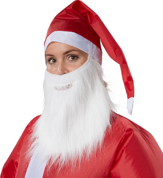 Vrouw in kerstmanpak met rode kerstmuts, witte baard en snor. Rode jas met witte bies.
