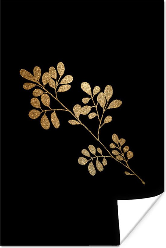 Branche à feuilles ovales dorées sur fond noir 80x120 cm