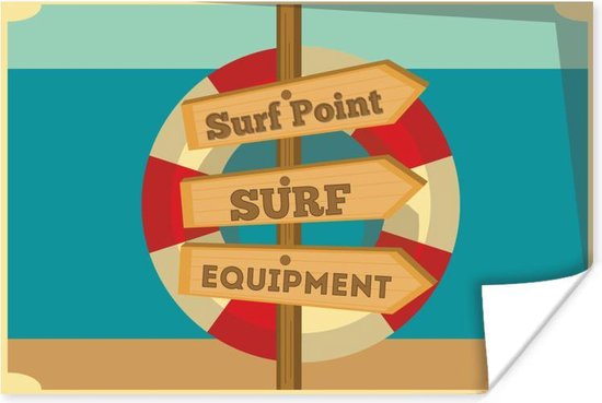 Poster Illustratie 'surf point, surf equipment' met reddingsboei - 30x20 cm