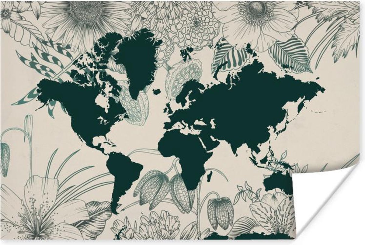 Afbeelding van product PosterMonkey  Poster - Wereldkaart - Bloemen - Planten - 120x80 cm
