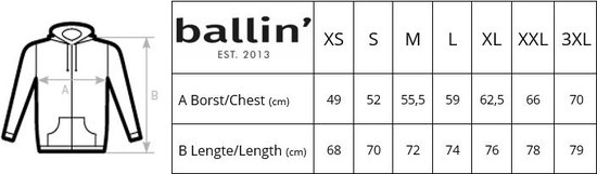 Tableau des tailles pour un sweat à capuche noir avec logo 'ballin' EST. 2013'.