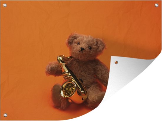 Tuin decoratie Teddybeer met een saxofoon - 40x30 cm - Tuindoek - Buitenposter