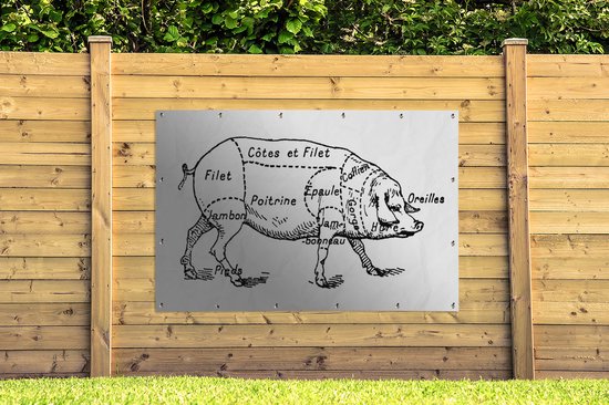 Ancienne illustration du boucher diagramme du cochon affiche de jardin toile en vrac 180x120 cm - Toile de jardin / Toile d'extérieur / Peintures d'extérieur (décoration de jardin) XXL / Groot format!