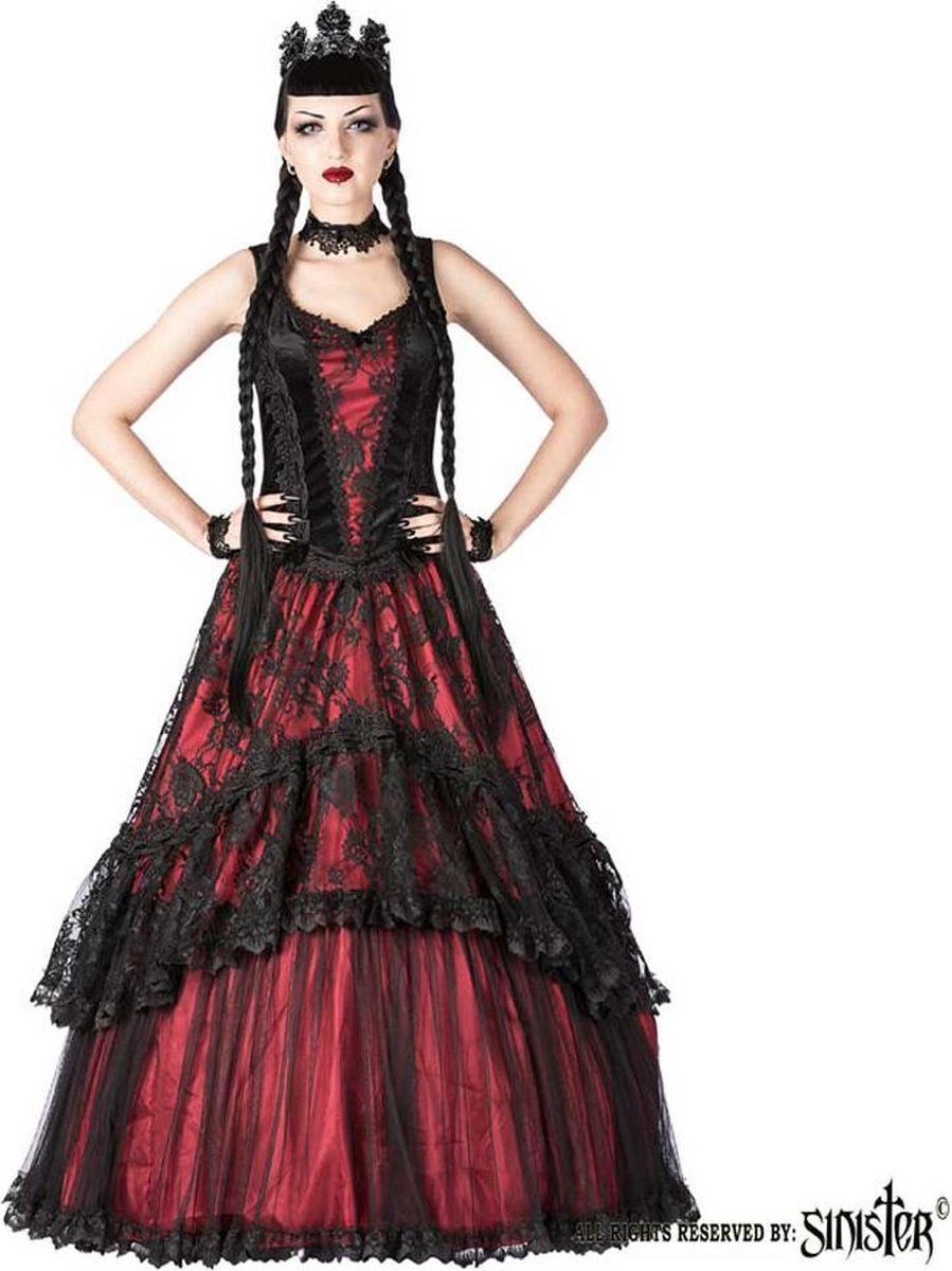 Sinister - 1034 Lange jurk - L - Bordeaux rood/Zwart