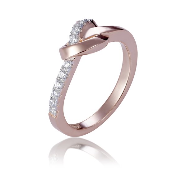 Bague nœud dorée ornée de 10 petits diamants, le côté est décoré de 7 petits diamants.