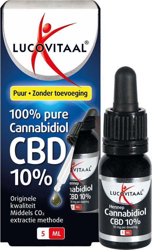 Doos en flesje met de tekst "100% pure Cannabidiol CBD 10%". Bevat 5 ml.