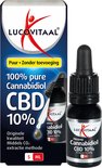 Doos en flesje met de tekst "100% pure Cannabidiol CBD 10%". Bevat 5 ml.