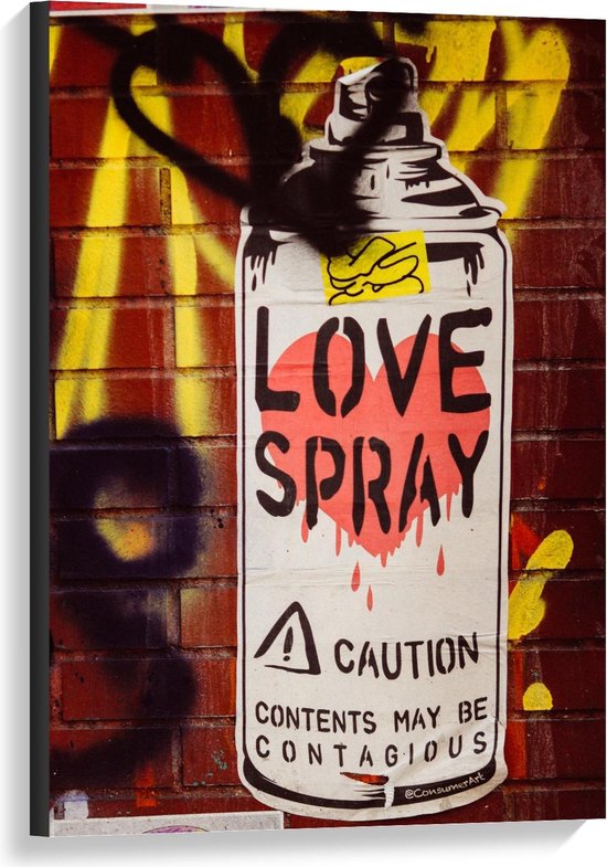 Canvas  - Spuitbus met 'Love Spray' op Muur - 60x90cm Foto op Canvas Schilderij (Wanddecoratie op Canvas)