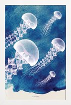 JUNIQE - Poster met houten lijst Jellyfish -13x18 /Blauw & Wit