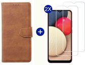 BixB Samsung A02s hoesje - Met 2x screenprotector / tempered glass - Book Case Wallet - Bruin